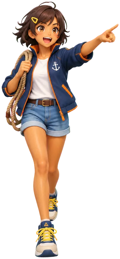 Asuka Tomari berjaket layar biru tua dengan gulungan tali di bahu, menunjuk ke depan sambil tertawa.