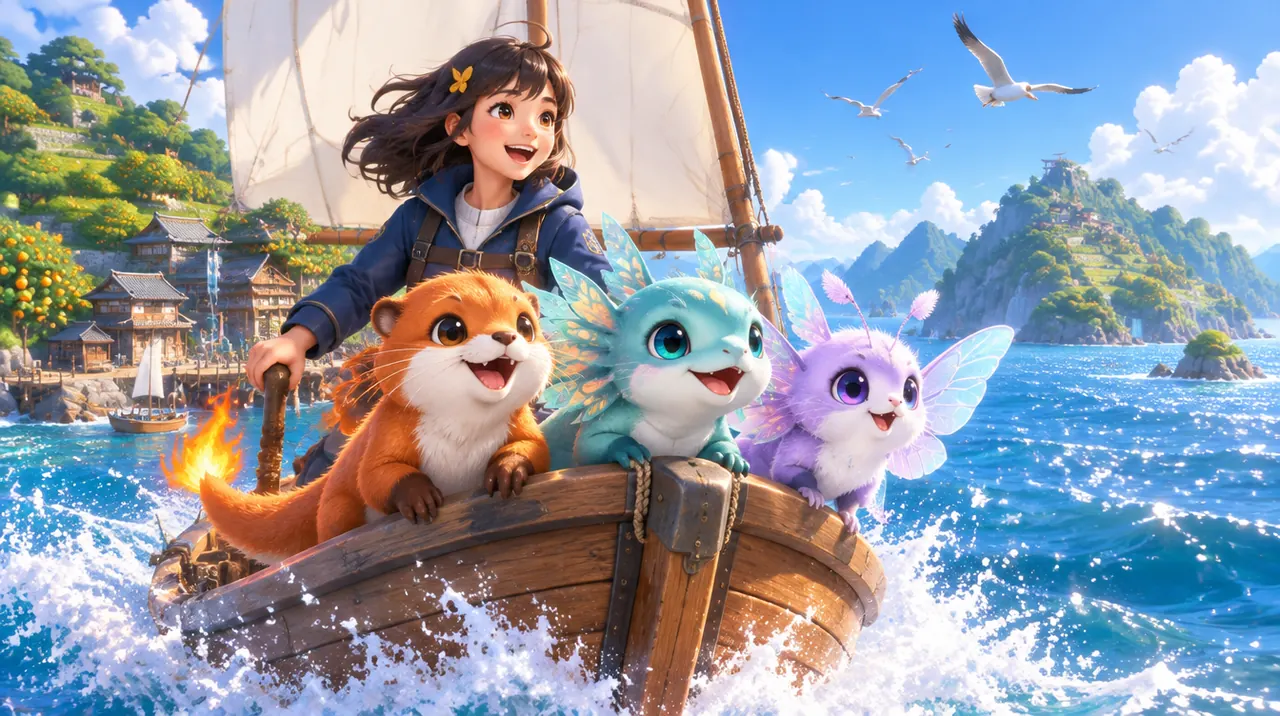 Perahu layar kecil membelah laut biru dengan Kobaru, Shiomi, dan Kazeyu di haluan, Asuka di kemudi.