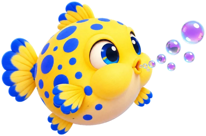 Awabuku, ikan buntal kuning berbintik biru, meniup deretan gelembung.