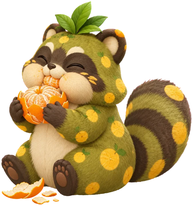 Mikanuki, mythra mirip rakun berbulu hijau zaitun berbintik kuning, memeluk jeruk yang sudah dikupas.